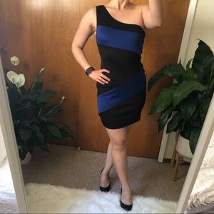 One Shoulder Black & Blue Bodycon Dress